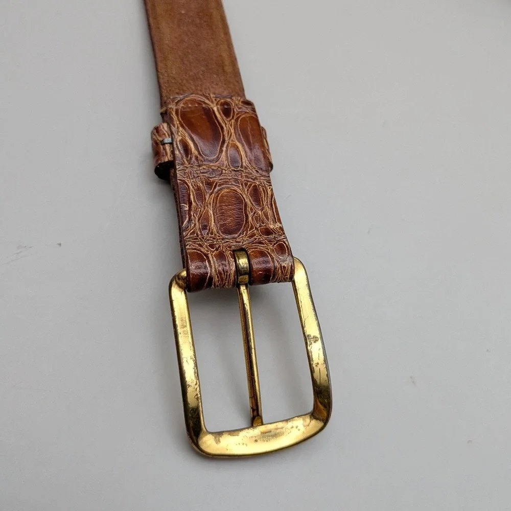 Vintage Swank Mens Brown Saddle Leather Belt Croc-Embossed 1